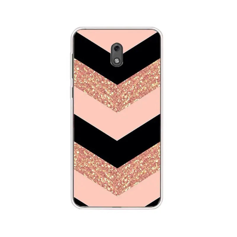 a pink and black chevroned pattern phone case with glitter