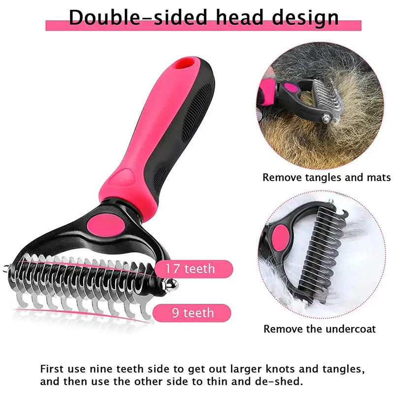 a pink and black comb brush with a pink handle