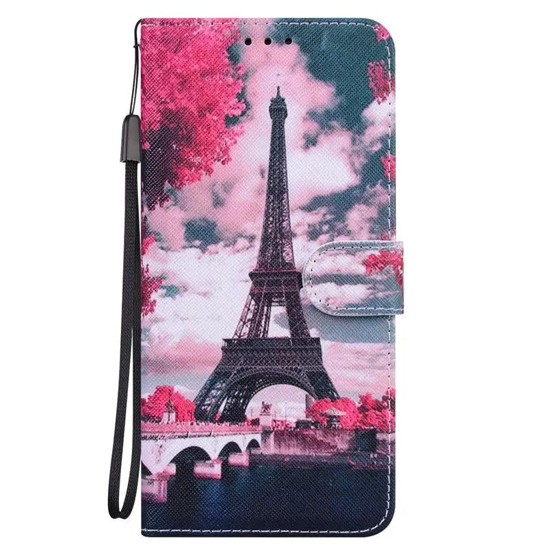 a close up of a cell phone case with a picture of the eiffel tower