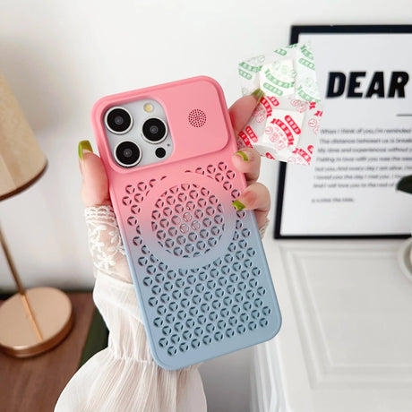 Pink and blue gradient iPhone case with a perforated circular pattern.