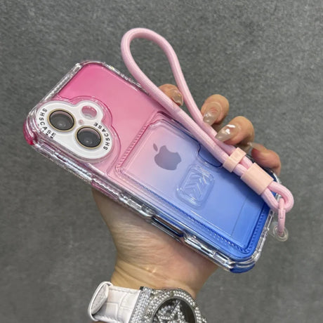 Pink and blue gradient transparent iPhone case with a wrist strap.