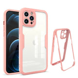 Pink-bordered transparent protective case for an iPhone with a triple camera setup.