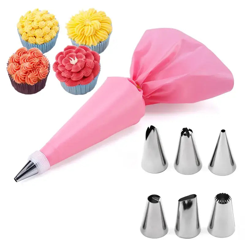 a pink cake cutter and cupcakes with a pink bow