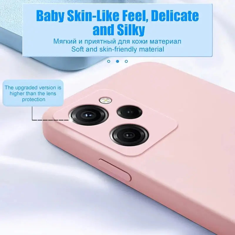 the back of a pink phone case with the text baby like, delicate and silky