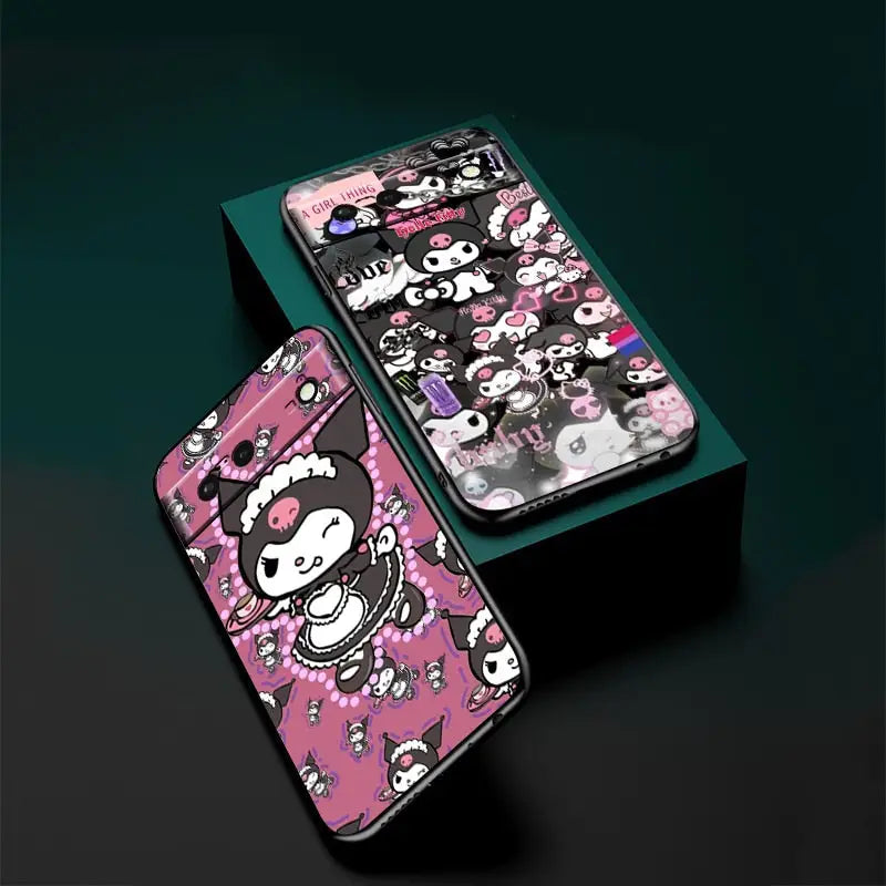 a pink phone case with a cartoon character design