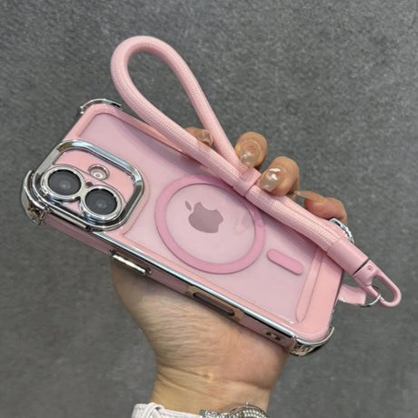 Pink clear iPhone case with a silver bumper and a matching wrist strap.