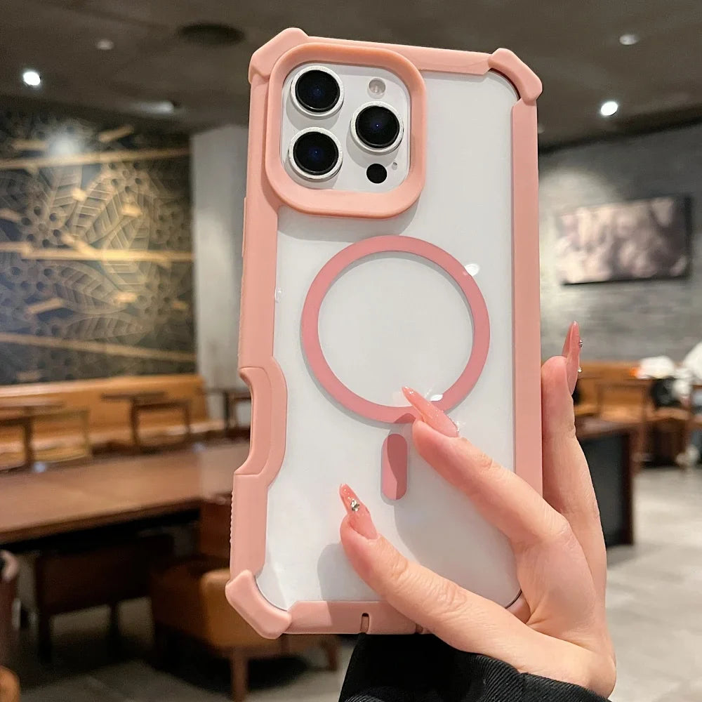 Pink and clear protective phone case with MagSafe ring.