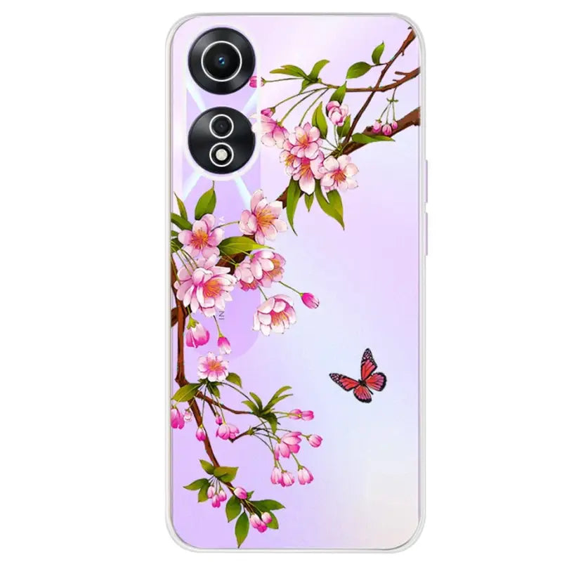 a pink flower and butterfly on a purple background phone case