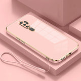 Pink glass phone case for oppo a9 with gloss gold plating edge and matching wrist strap shown from back side
