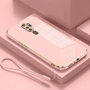 Pink glass phone case for oppo a9 with gloss gold plating edge and matching wrist strap shown from back side