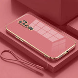 Pink glass phone case for oppo a9 with gloss gold plating edge and matching wrist strap shown from the back side