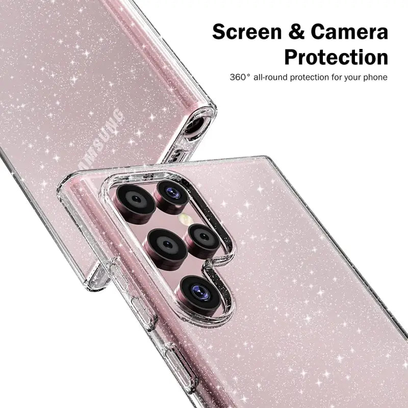 A pink glitter case with a camera lens and a pair of earphones