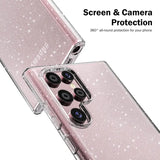 a pink glitter case with a camera lens and a pair of earphones