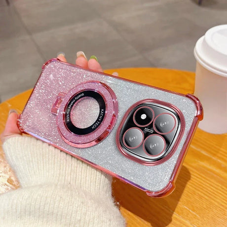 Pink glitter phone case with ring stand.