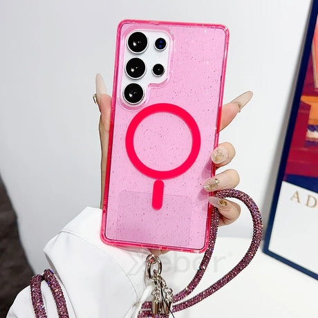 Pink glittery phone case with magnetic ring.