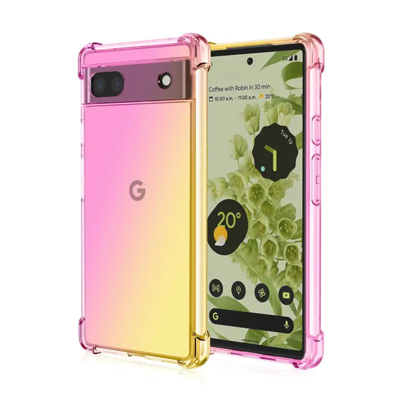 the back of a pink and gold google pixel case