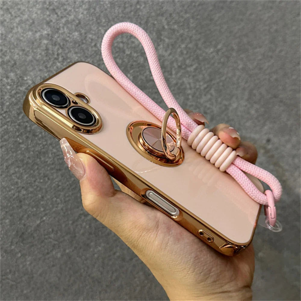 Pink and gold phone case with ring stand and lanyard.