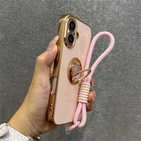 Pink and gold phone case with ring stand and lanyard.