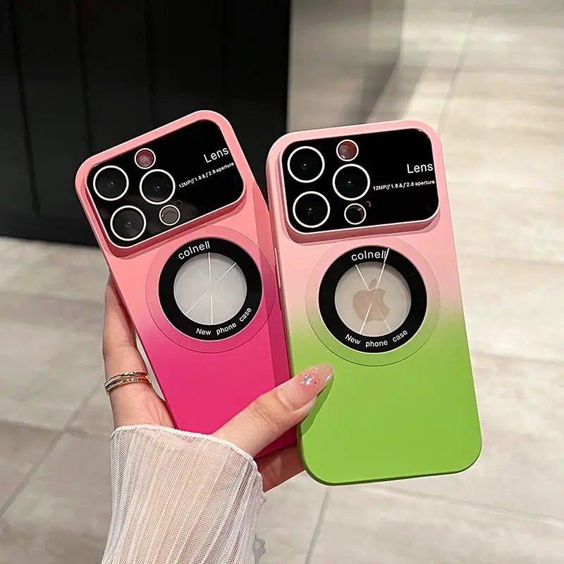 two pink and green cases with the same logo