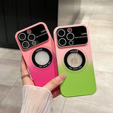 two pink and green cases with the same logo