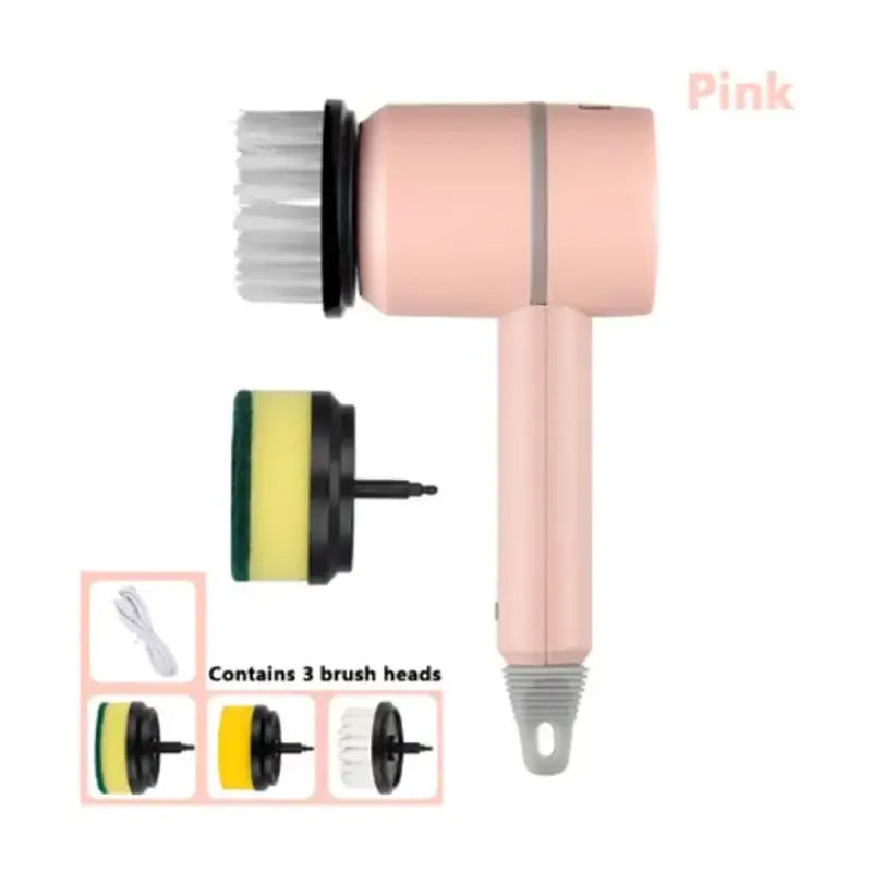 a pink hair dryer with a white and yellow cord