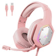 Pink gaming headset with LED lighting and attached microphone.