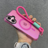Pink iPhone case with a built-in MagSafe ring and an attached pink lanyard with a mint green accent.