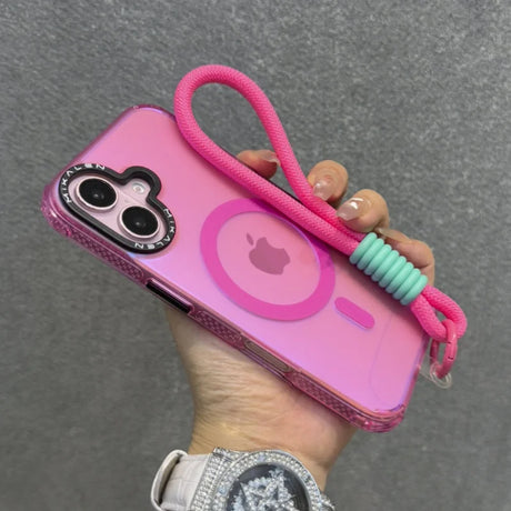 Pink iPhone case with a built-in MagSafe ring and an attached pink lanyard with a mint green accent.