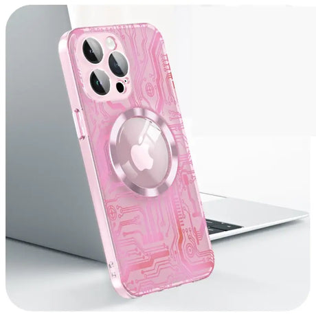 the pink circuit iphone case is shown with a laptop