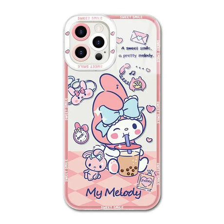 A pink iphone case with a cute kitty and a cup of coffee