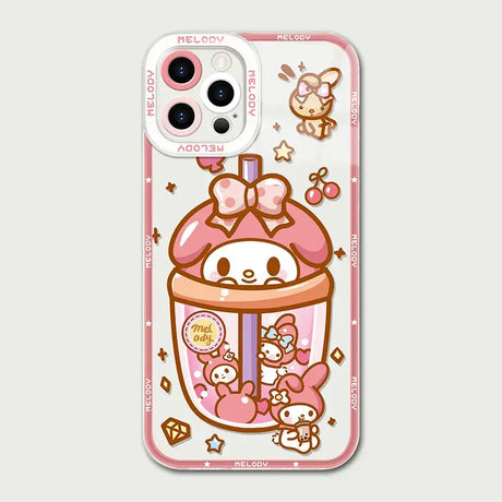 A pink iphone case with a cute cartoon character