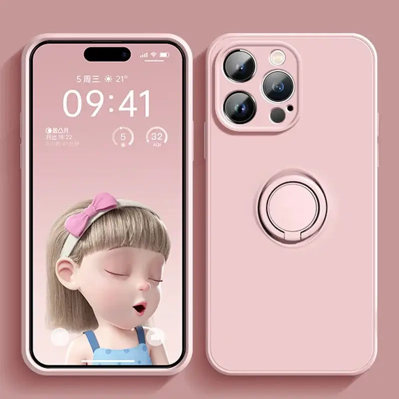 a pink iphone case with a girl’s face on it