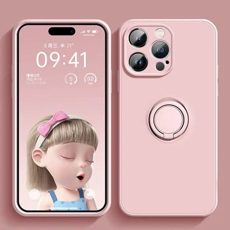 A pink iphone case with a girl’s face on it