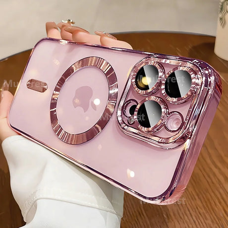 Pink iPhone case with metallic accents.