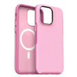 The pink iphone case is shown with the white logo on it