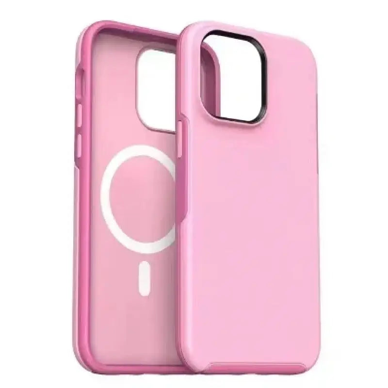 the pink iphone case is shown with the white logo on it