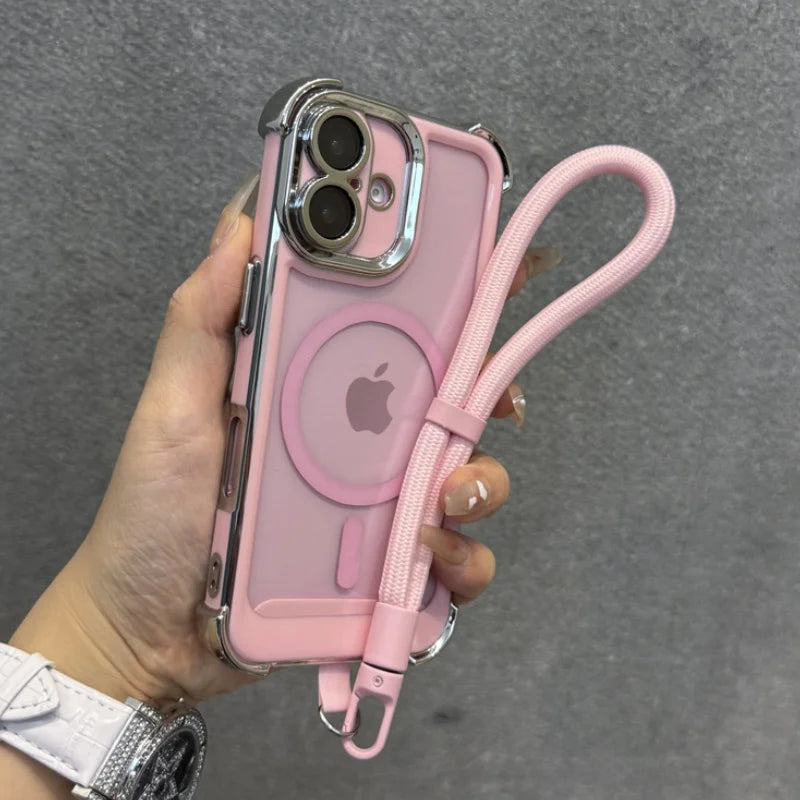 Pink iPhone case with a wrist strap and magnetic ring.