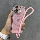 Pink iPhone case with a wrist strap and magnetic ring.