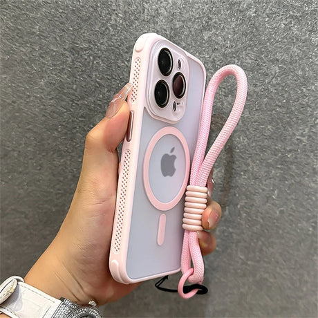 Pink iPhone case with wrist strap.