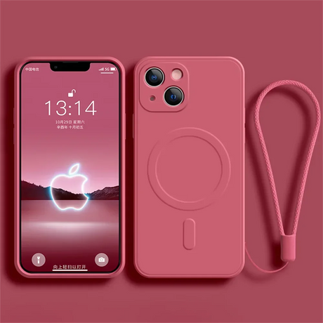 Pink iPhone with a matching protective case and wrist strap.