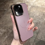 Pink iPhone with a protective case featuring a camera cutout and a lightning bolt symbol.