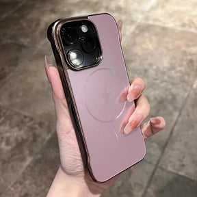 Pink iPhone with a protective case featuring a camera cutout and a lightning bolt symbol.