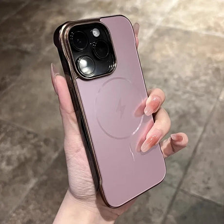 Pink iPhone with a protective case featuring a camera cutout and a lightning bolt symbol.