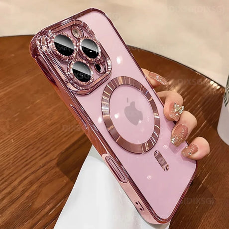 Pink iPhone in a rose gold case.