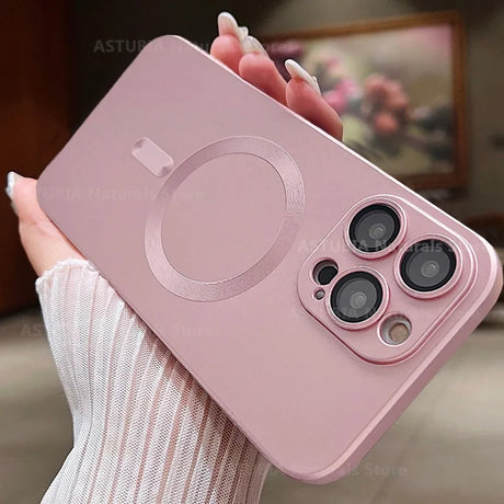 Pink iPhone with a triple-lens camera system and MagSafe ring.