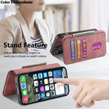 A pink iPhone wallet case with card slots and a stand feature.