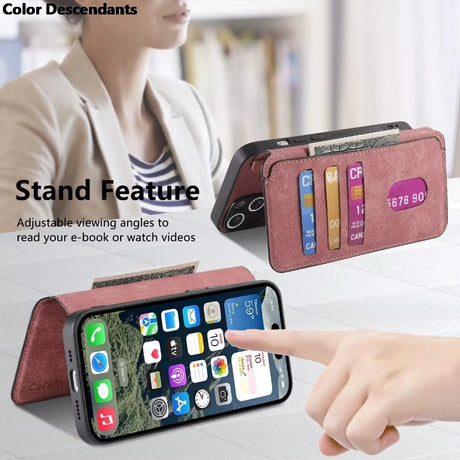 A pink iPhone wallet case with card slots and a stand feature.