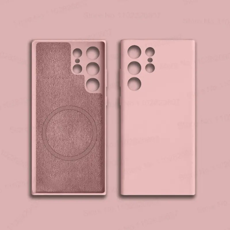 the back and front of the pink leather case