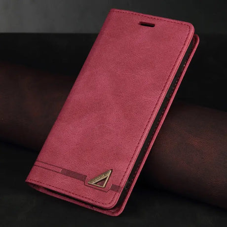 the pink leather wallet case is shown on a black background