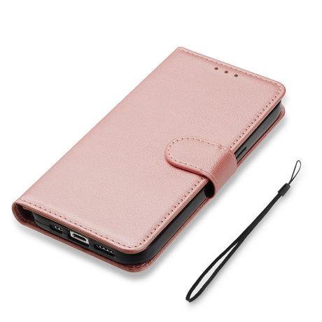 The pink leather wallet case is shown with a black phone